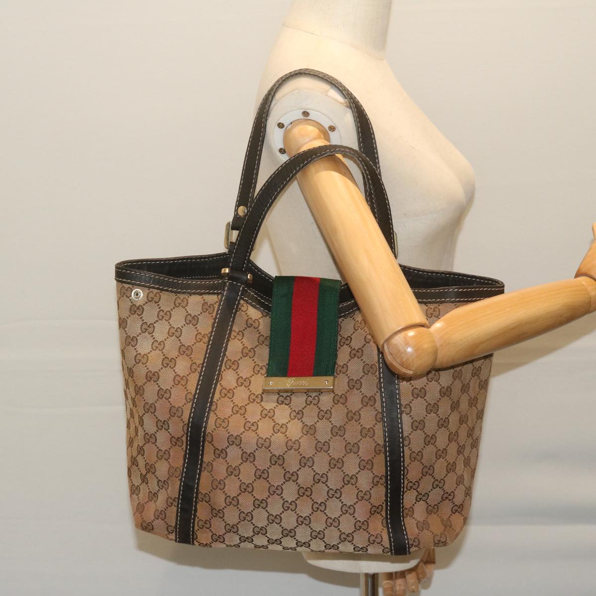 GUCCI GG Canvas Web Sherry Line Tote Bag Beige Auth 64874