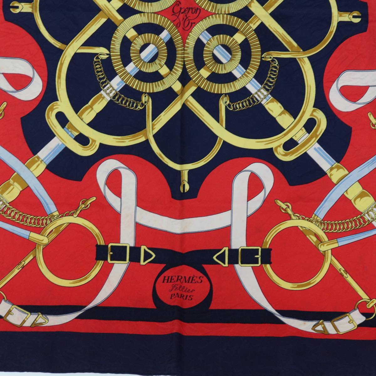 HERMES Carre 90 Eperon dor Scarf Silk Navy Red Auth 64882