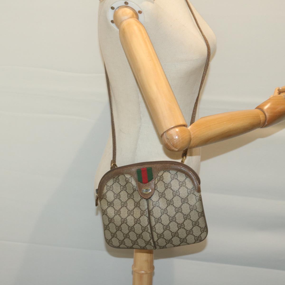 GUCCI GG Supreme Web Sherry Line Shoulder Bag PVC Beige Red Green Auth 64931