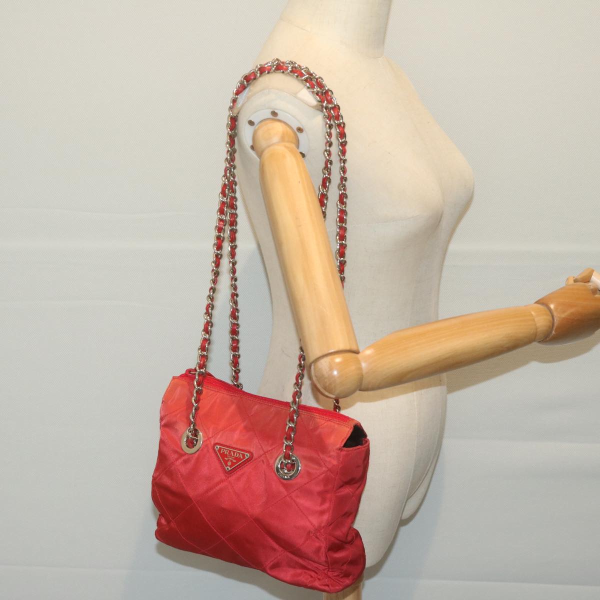 PRADA Chain Shoulder Bag Nylon Red Auth 64948