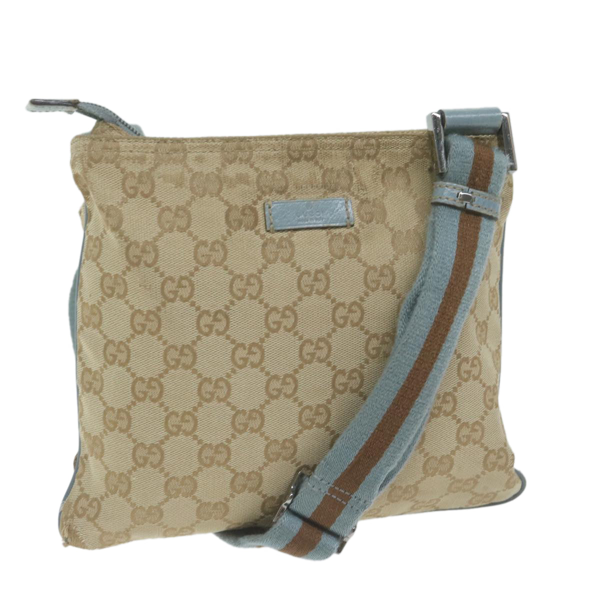 GUCCI GG Canvas Sherry Line Shoulder Bag Beige Light Blue 146309 Auth 65167