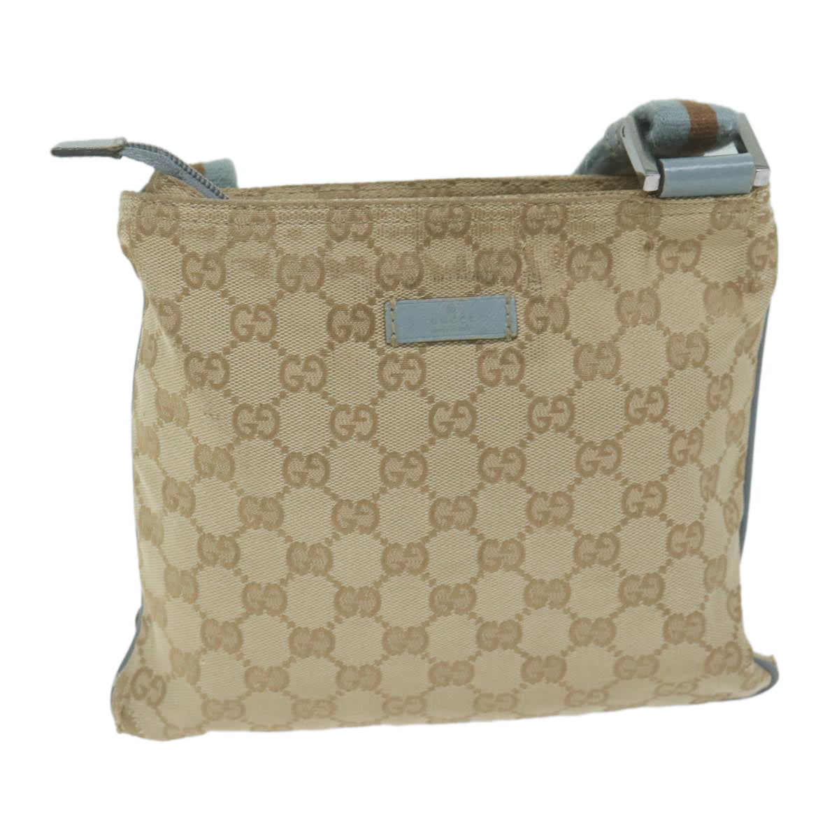 GUCCI GG Canvas Sherry Line Shoulder Bag Beige Light Blue 146309 Auth 65167