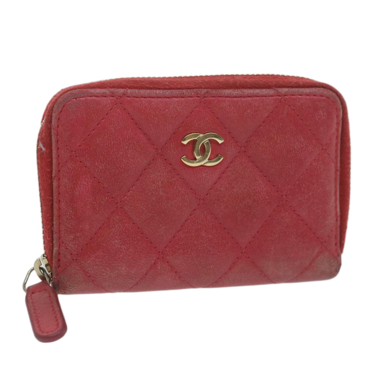 CHANEL Matelasse Coin Purse Lamb Skin Red CC Auth 65239