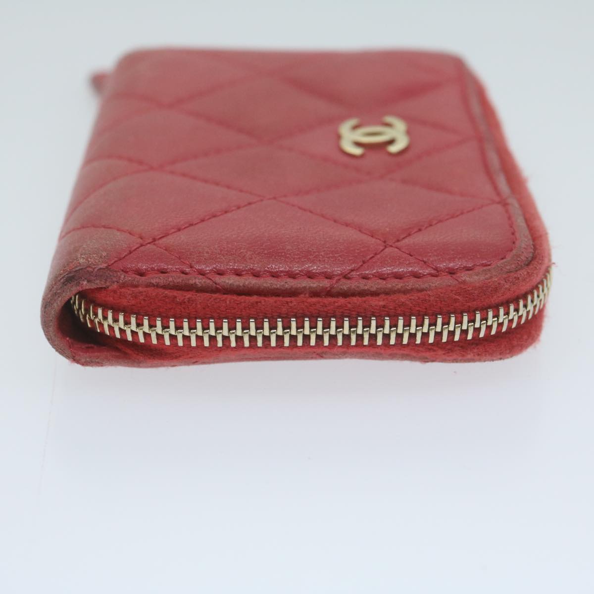 CHANEL Matelasse Coin Purse Lamb Skin Red CC Auth 65239