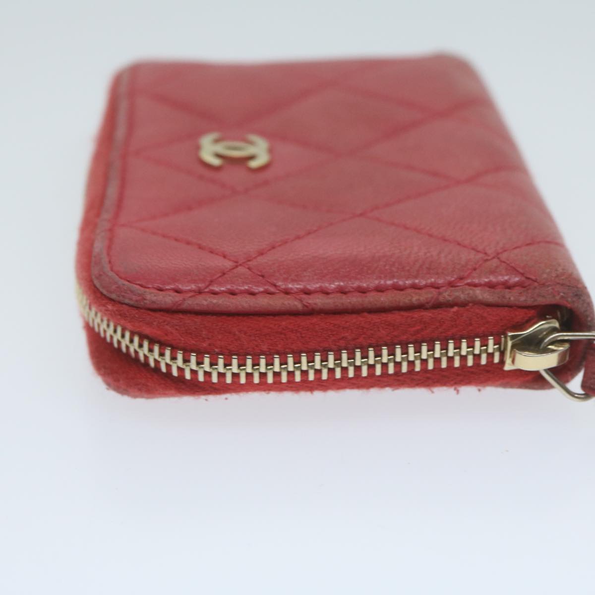 CHANEL Matelasse Coin Purse Lamb Skin Red CC Auth 65239