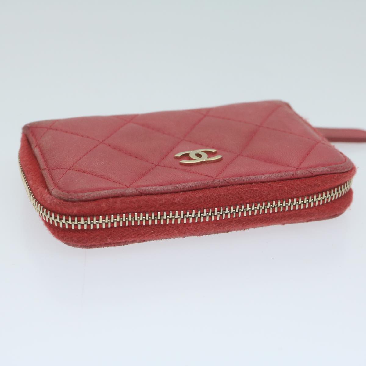 CHANEL Matelasse Coin Purse Lamb Skin Red CC Auth 65239