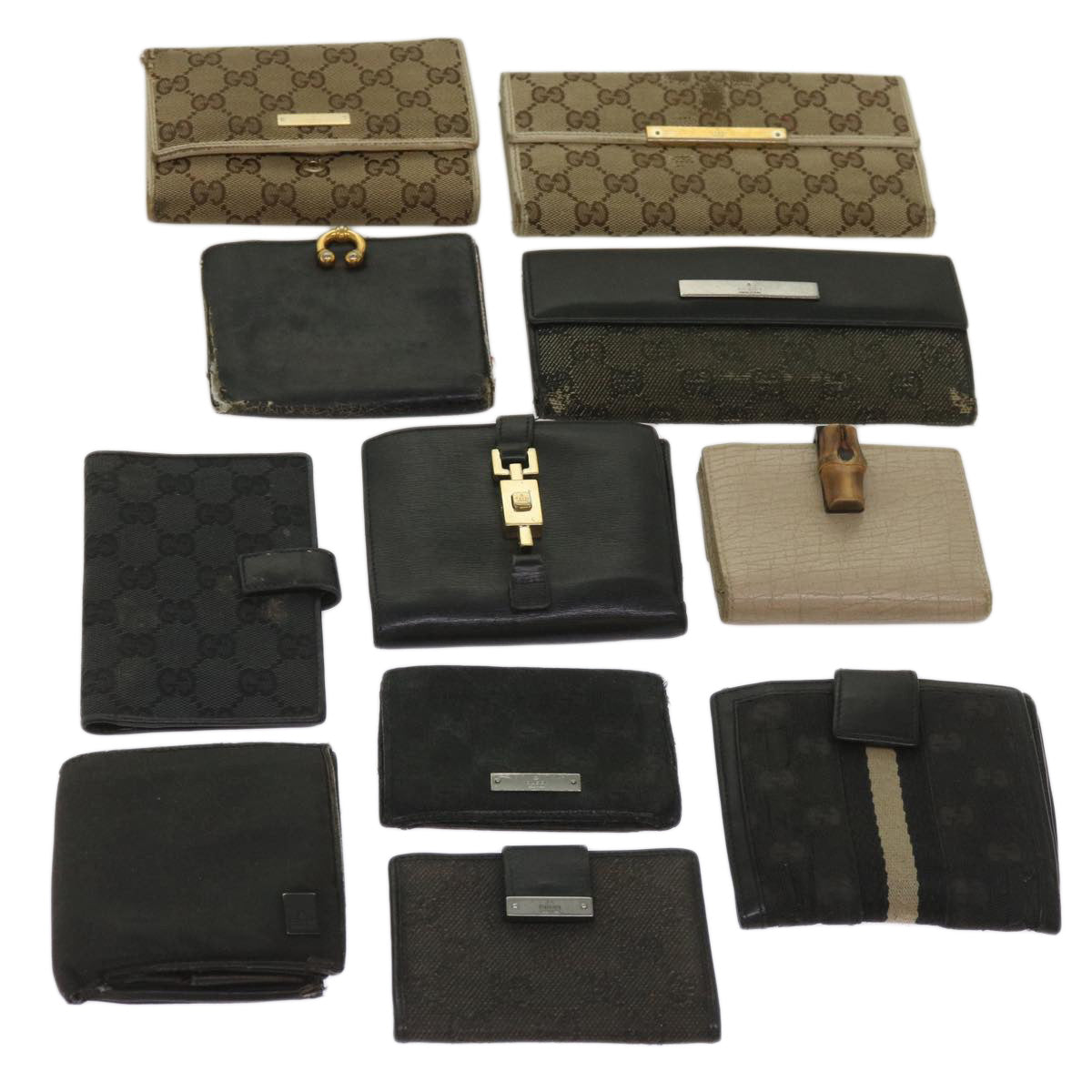 GUCCI GG Canvas Jackie Wallet Leather 10set Beige Black Auth 65281