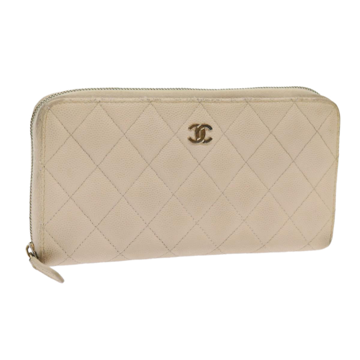 CHANEL Long Wallet Caviar Skin White CC Auth 65288