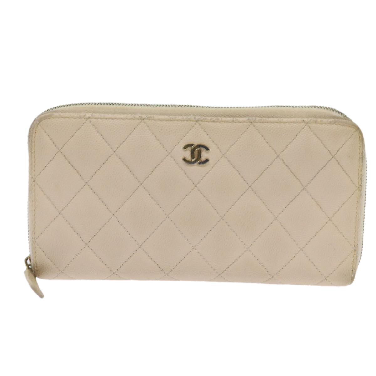 CHANEL Long Wallet Caviar Skin White CC Auth 65288