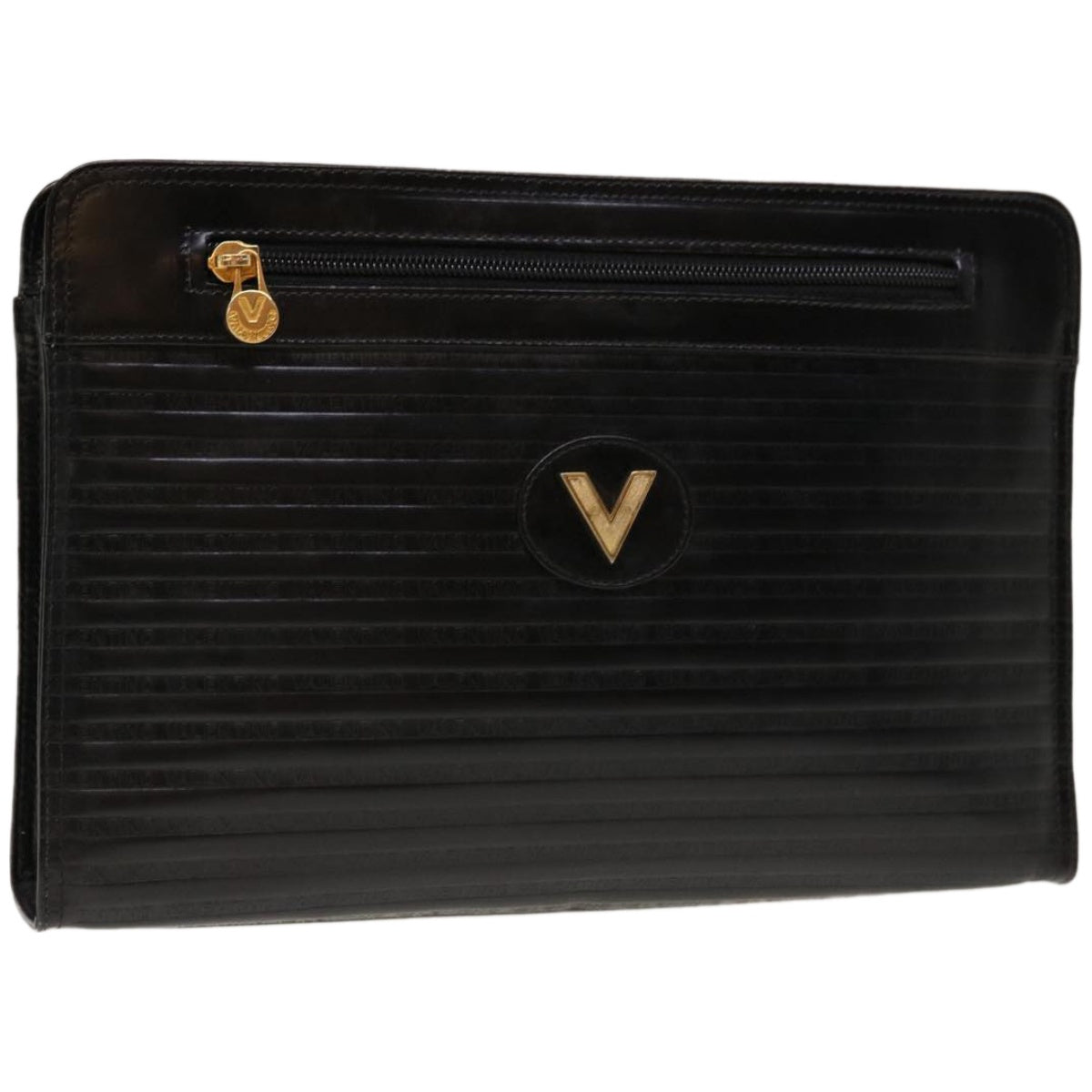 VALENTINO Clutch Bag Leather Black Auth 65385