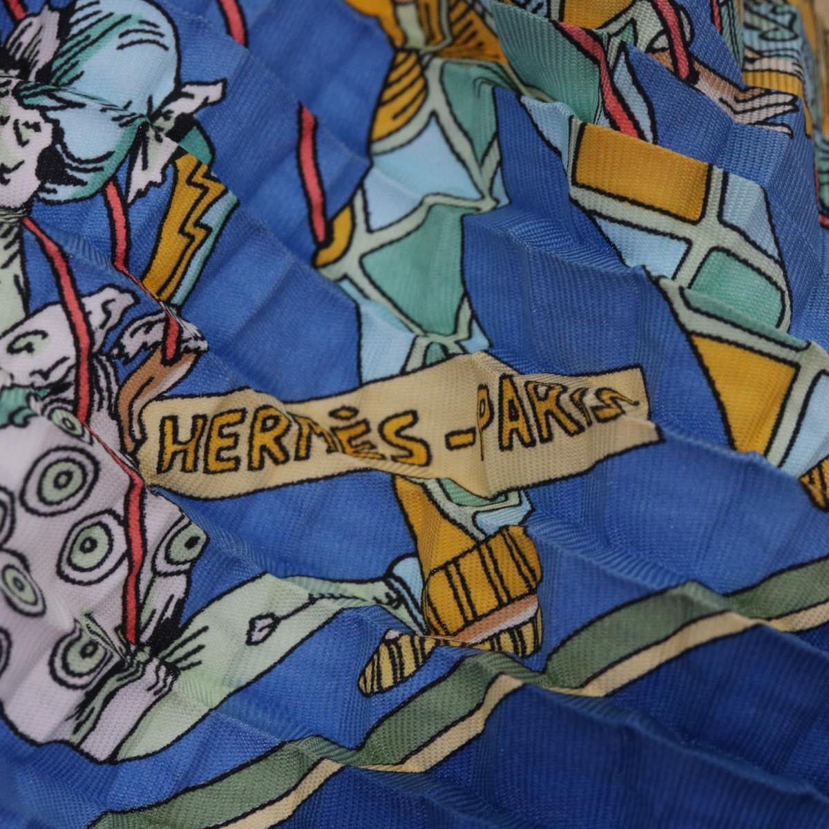 HERMES Carre Pleated LE TEMPS des MARIONNETTES Scarf Silk Blue Auth 65453