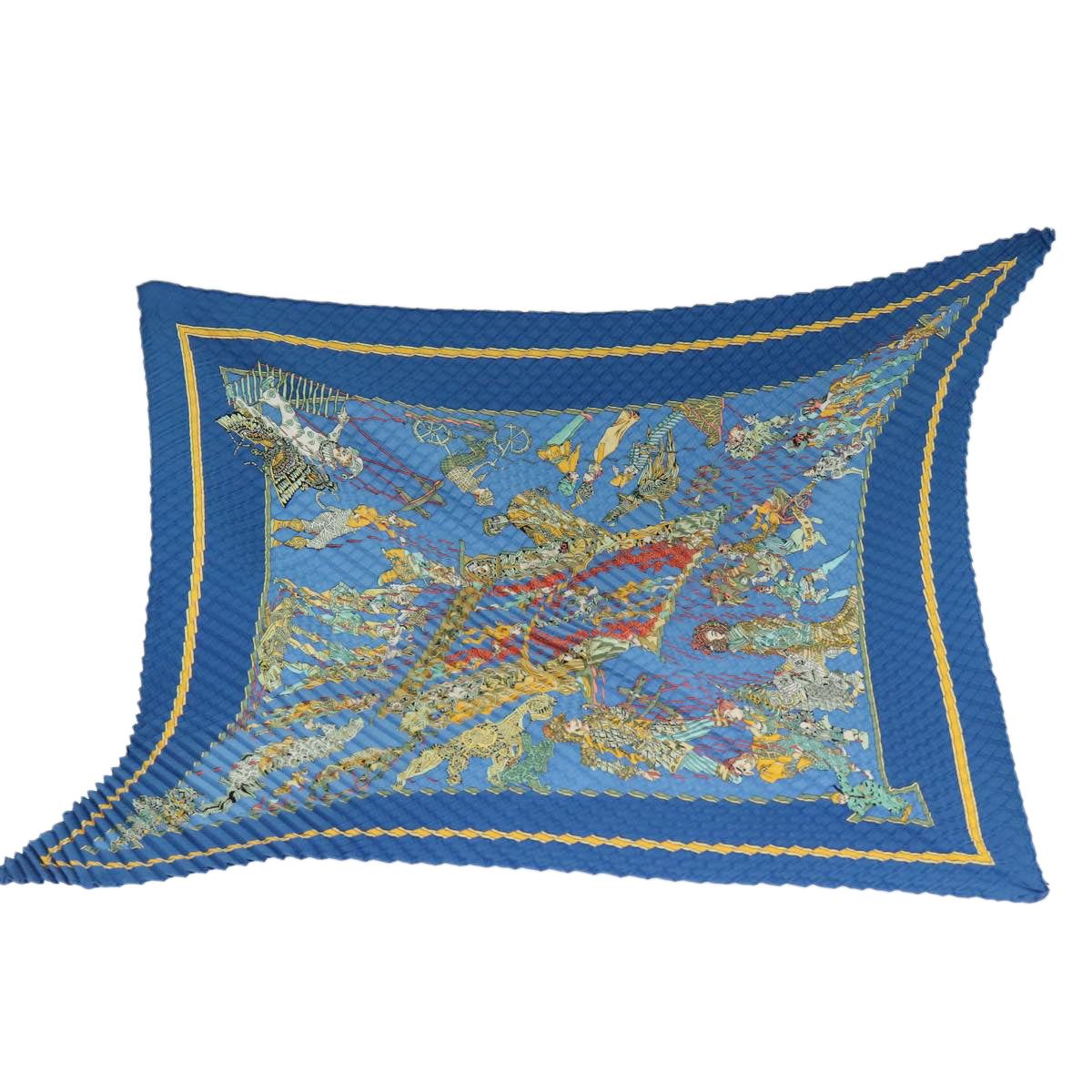 HERMES Carre Pleated LE TEMPS des MARIONNETTES Scarf Silk Blue Auth 65453