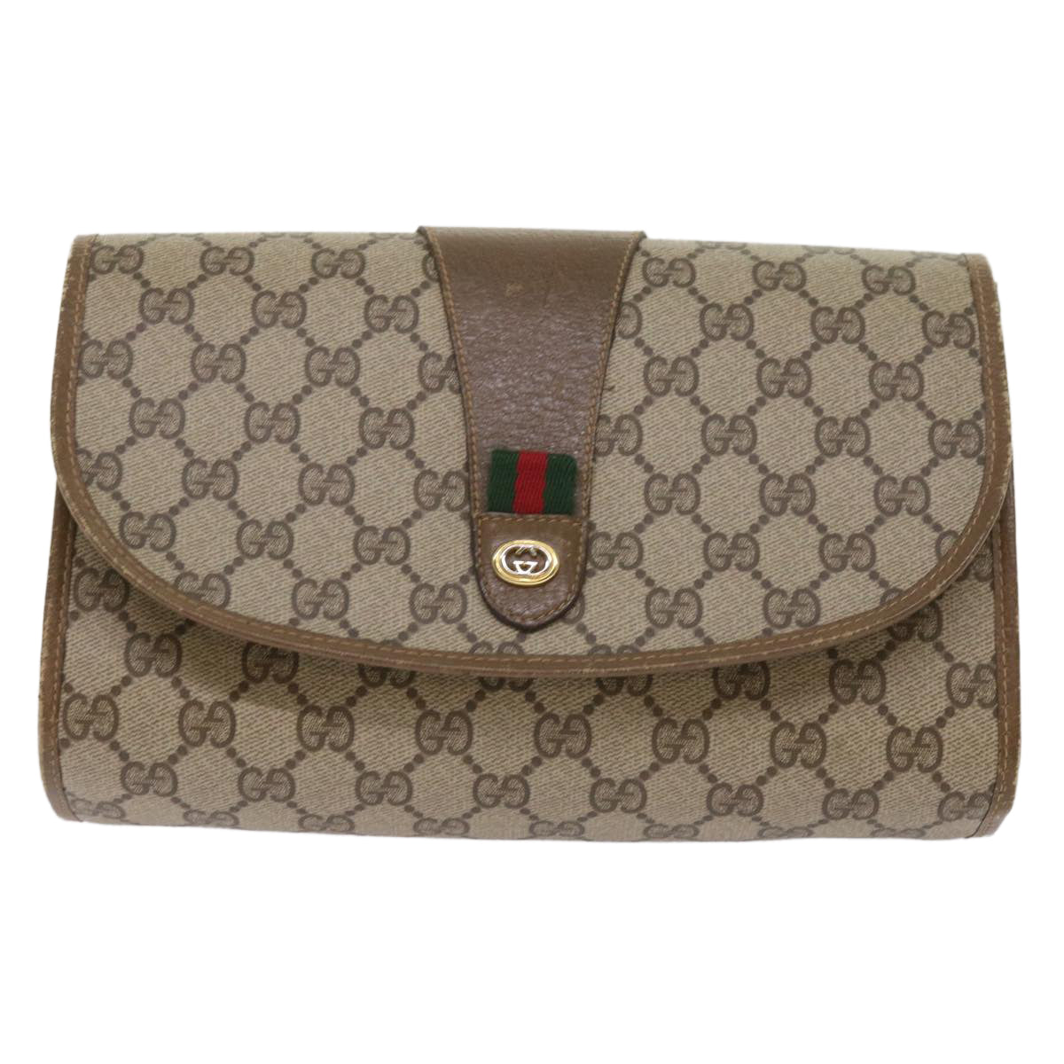 GUCCI GG Canvas Web Sherry Line Clutch Bag PVC Beige Green Red Auth 65592