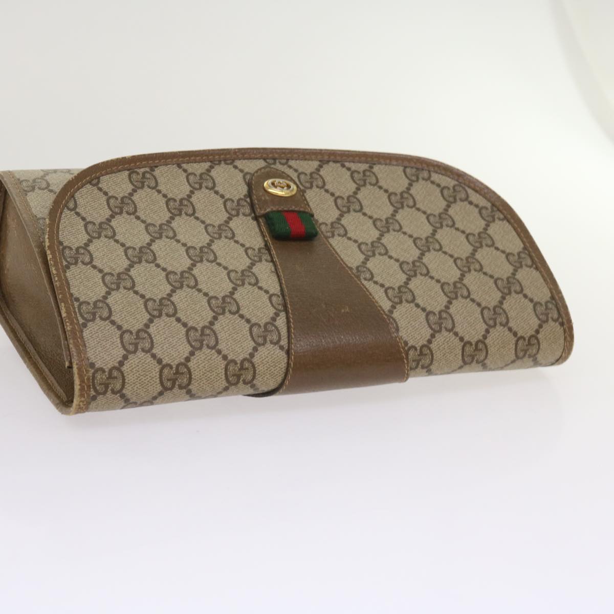 GUCCI GG Canvas Web Sherry Line Clutch Bag PVC Beige Green Red Auth 65592