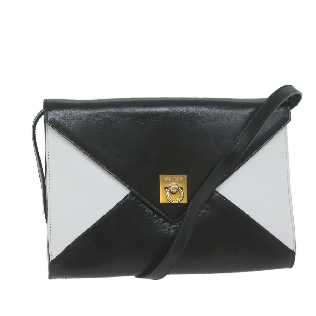 CELINE Clutch Bag Leather 2way White Black Auth 65641