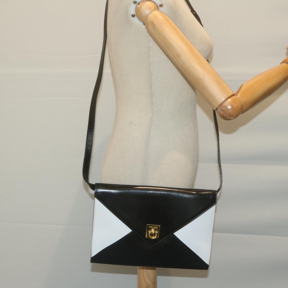 CELINE Clutch Bag Leather 2way White Black Auth 65641