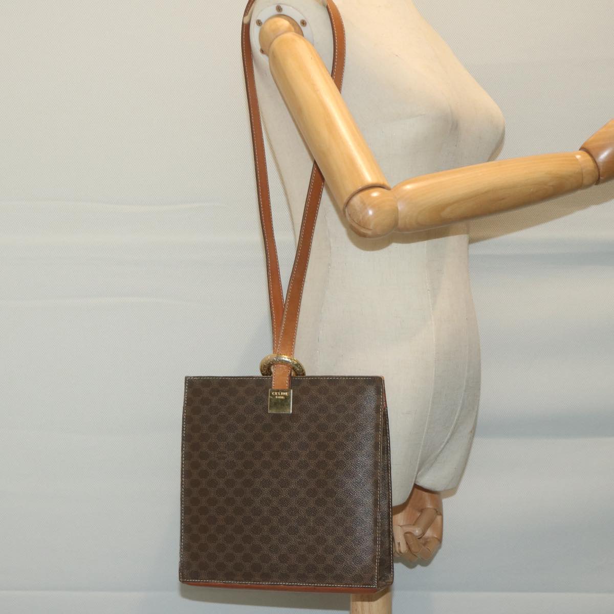 CELINE Macadam Canvas Shoulder Bag PVC Leather Brown Auth 65644