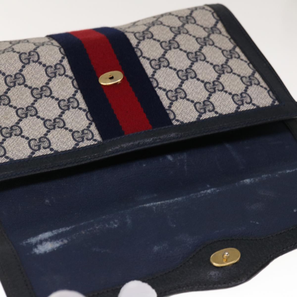 GUCCI GG Supreme Sherry Line Clutch Bag PVC Navy Red 89 01 006 Auth 65742