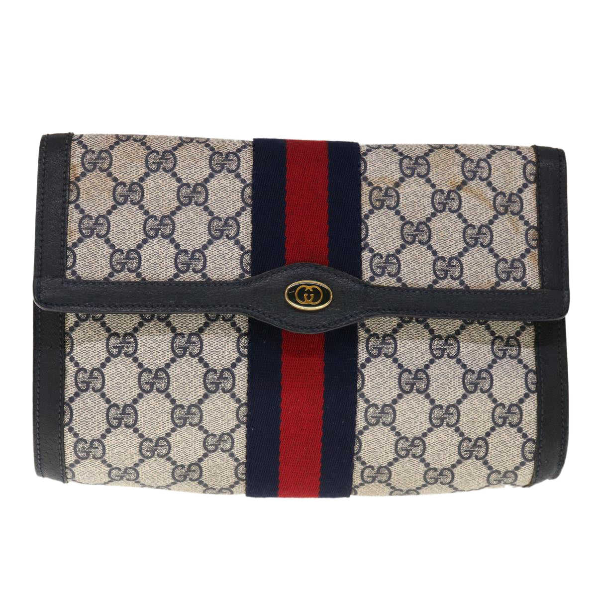 GUCCI GG Supreme Sherry Line Clutch Bag PVC Navy Red 89 01 006 Auth 65742