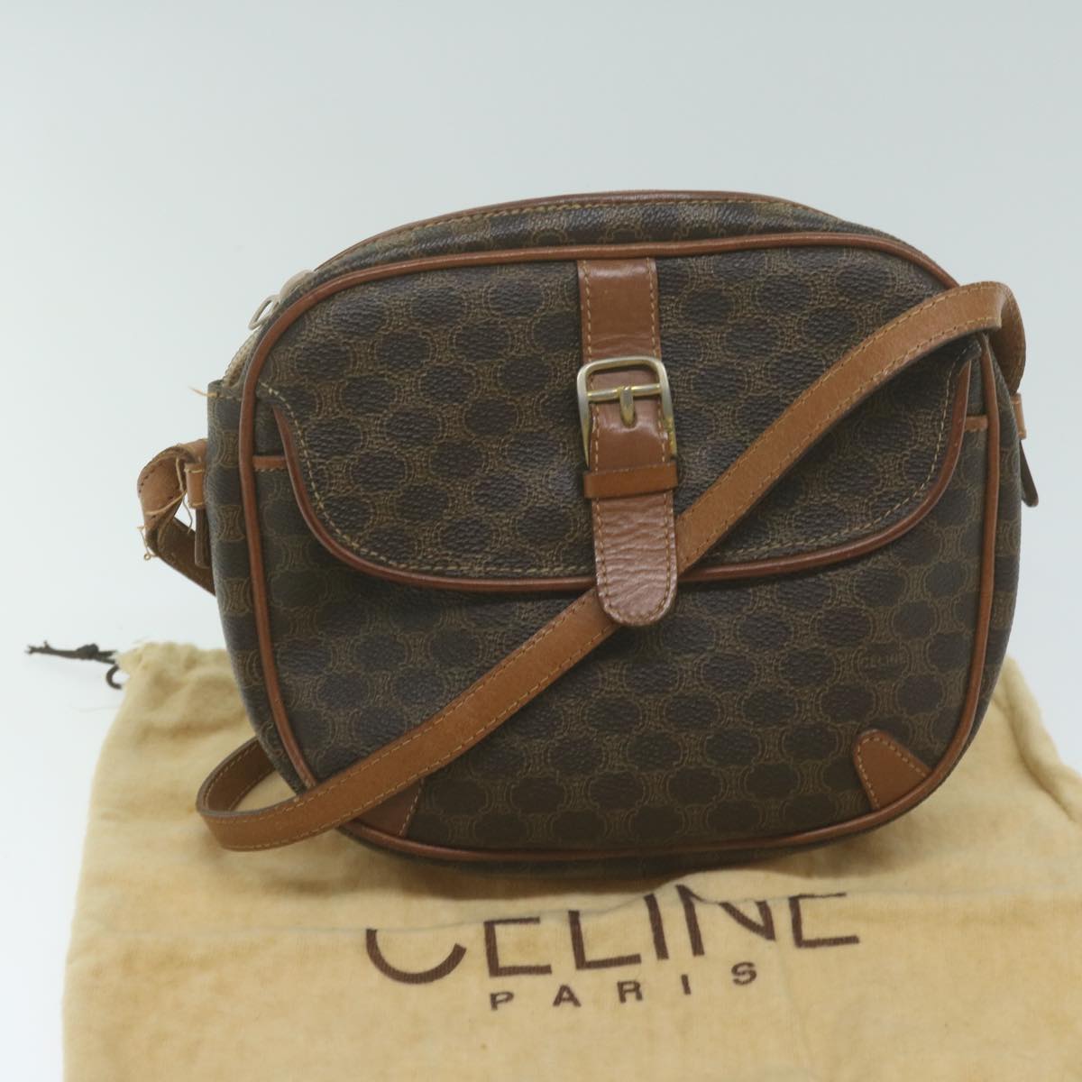 CELINE Macadam Canvas Shoulder Bag PVC Leather Brown Auth 65786