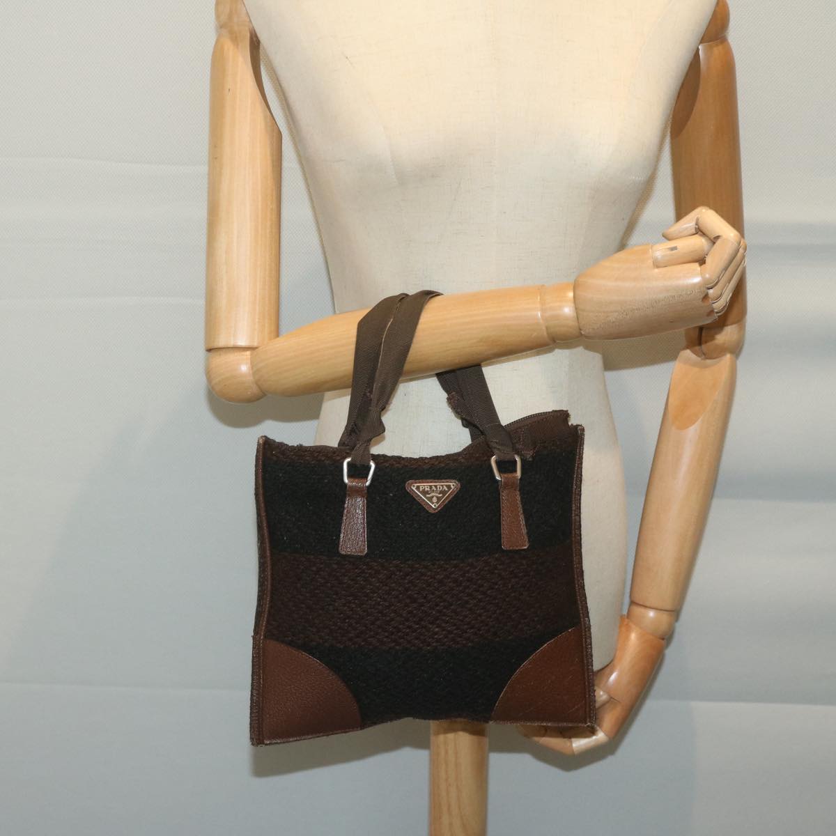 PRADA Hand Bag Wool Brown Auth 65824