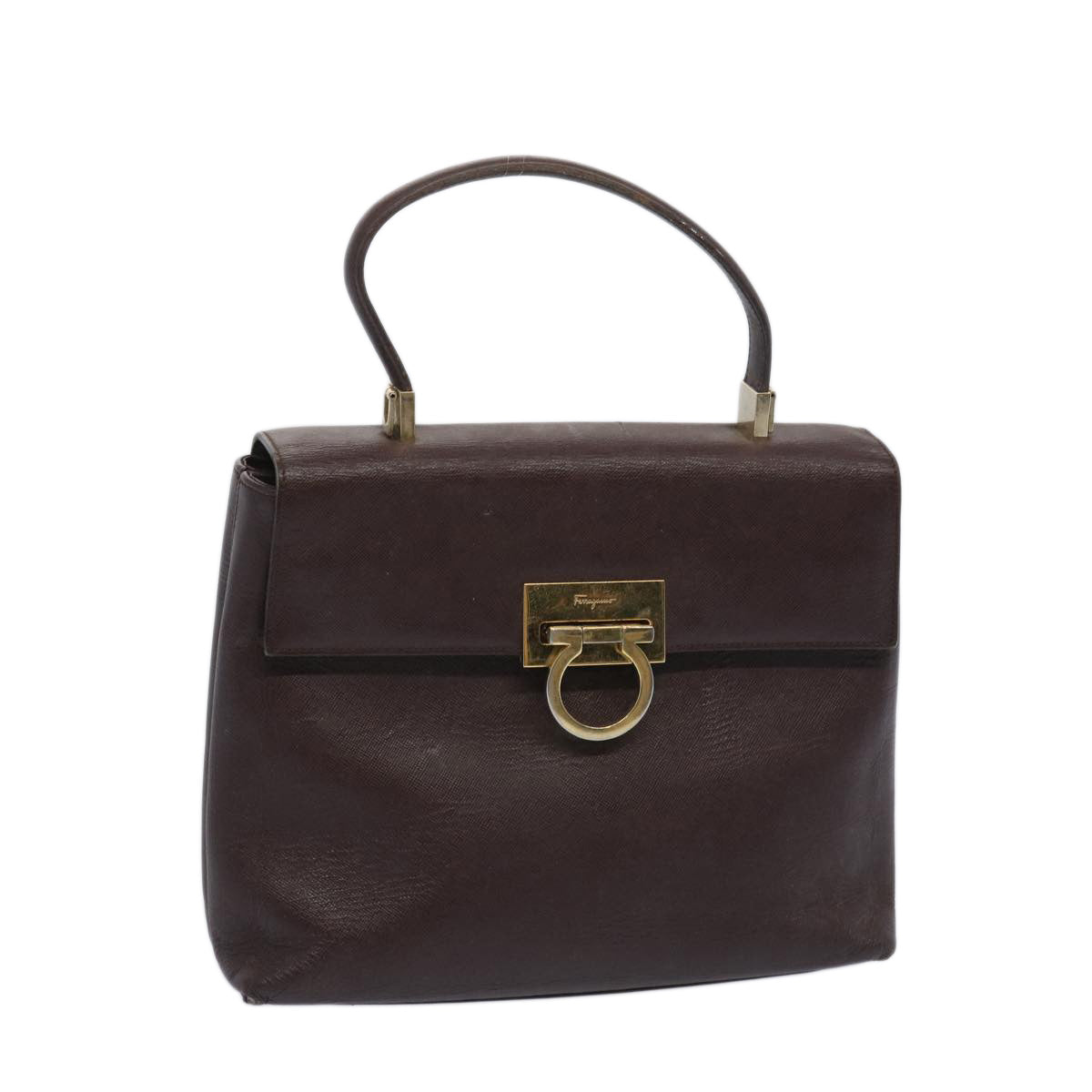 Salvatore Ferragamo Gancini Hand Bag Leather Brown Auth 65955