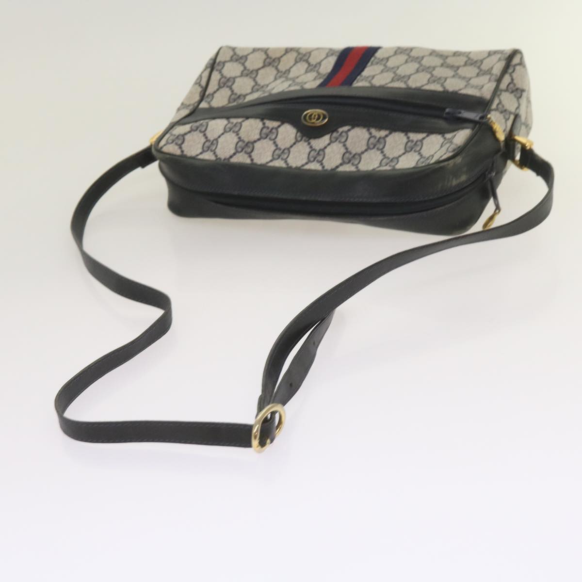 GUCCI GG Canvas Sherry Line Shoulder Bag PVC Navy Red Auth 66177