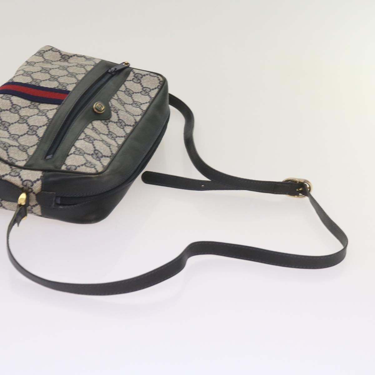 GUCCI GG Canvas Sherry Line Shoulder Bag PVC Navy Red Auth 66177