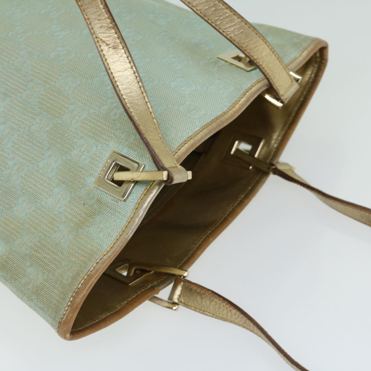 GUCCI GG Canvas Hand Bag Light Blue Gold Auth 66219