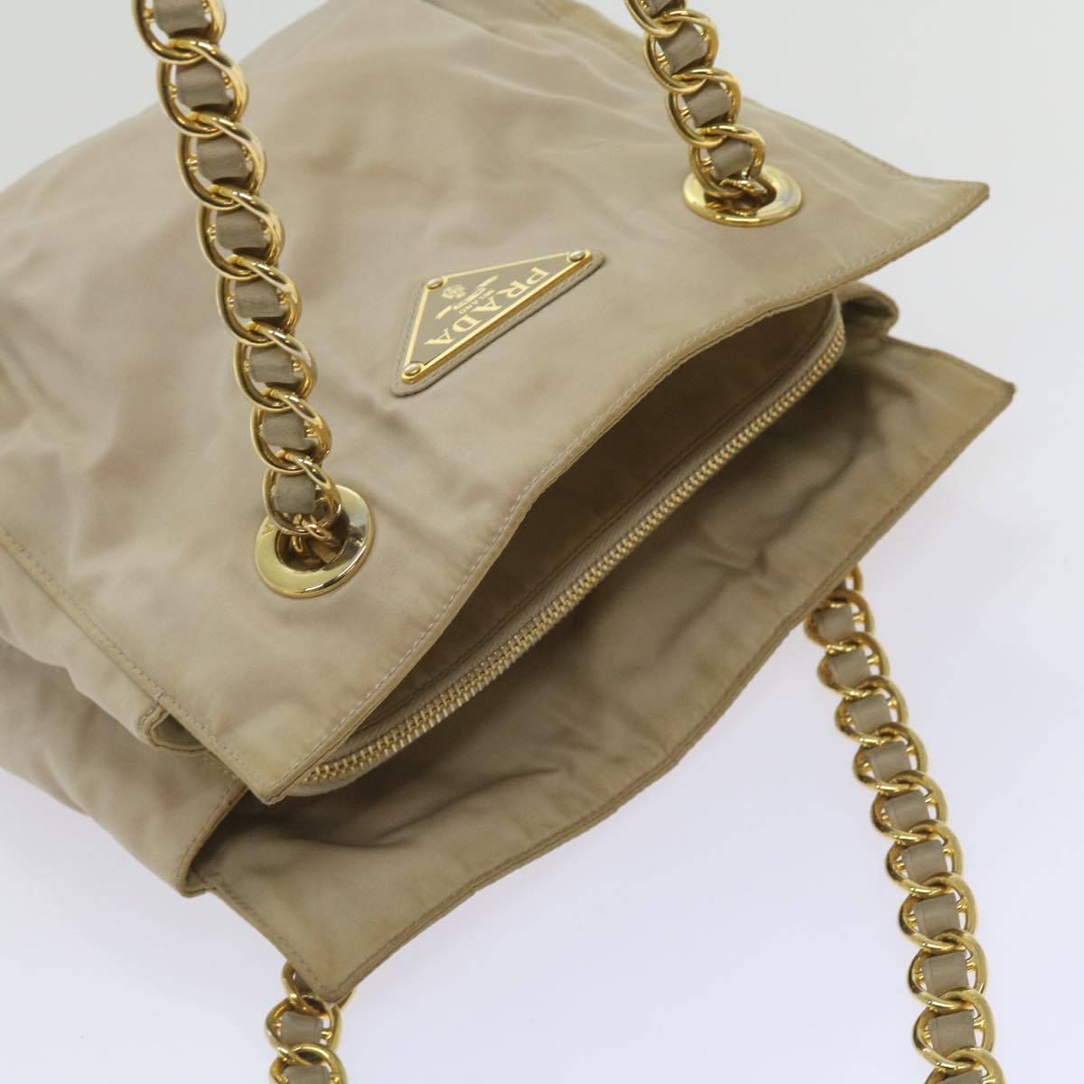 PRADA Chain Shoulder Bag Nylon Beige Auth 66321