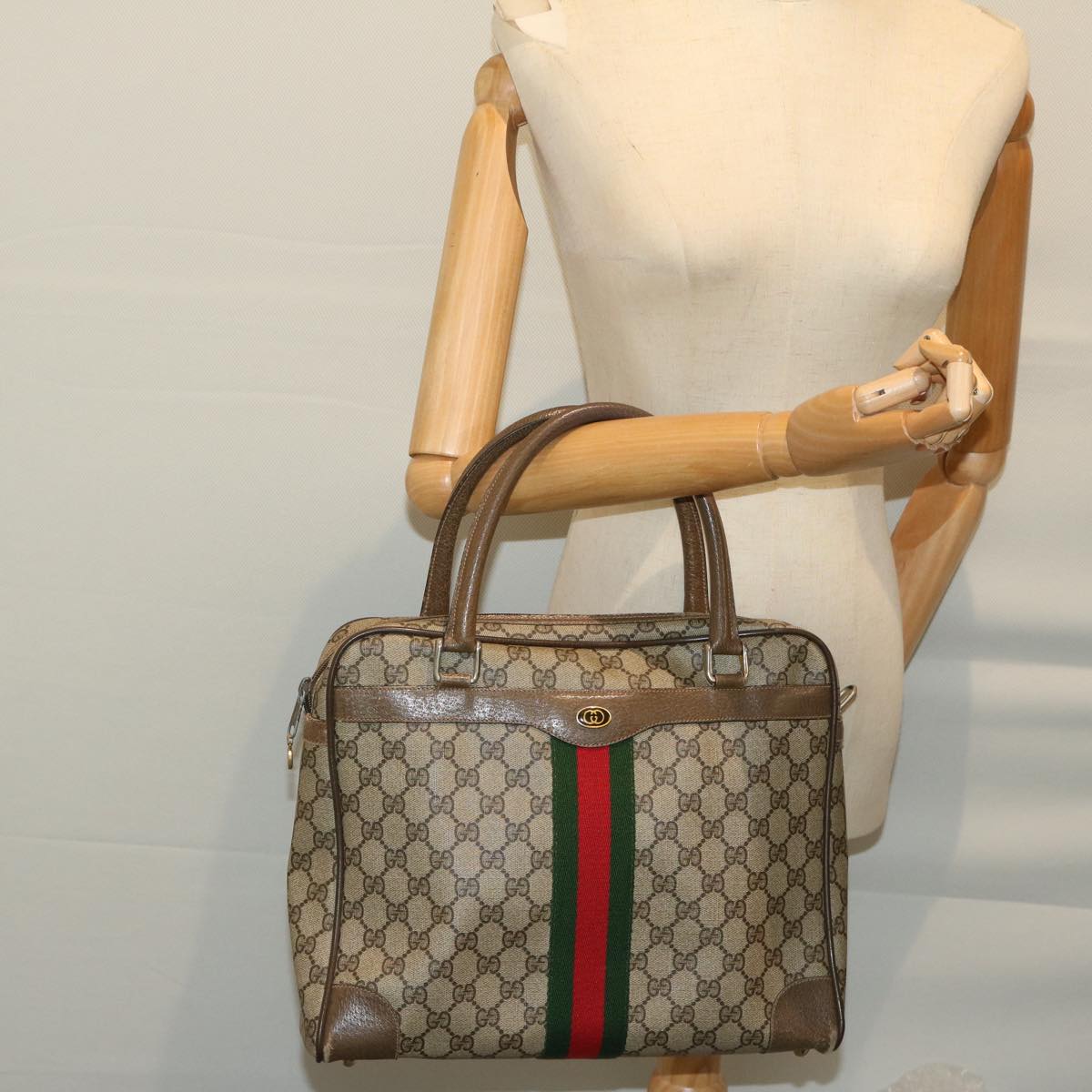 GUCCI GG Canvas Hand Bag PVC Beige Green Red Auth 66323