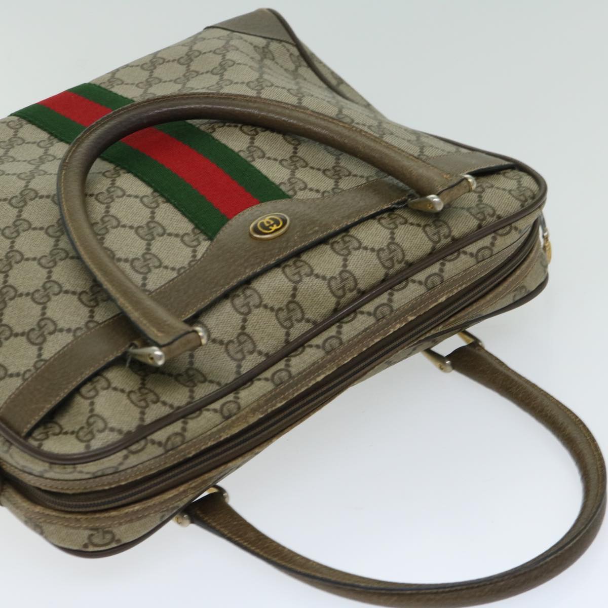 GUCCI GG Canvas Hand Bag PVC Beige Green Red Auth 66323