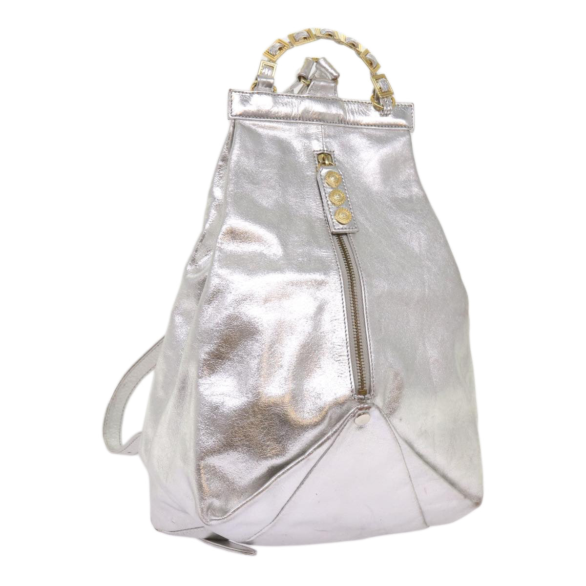 VERSACE Backpack Leather Silver Auth 66395