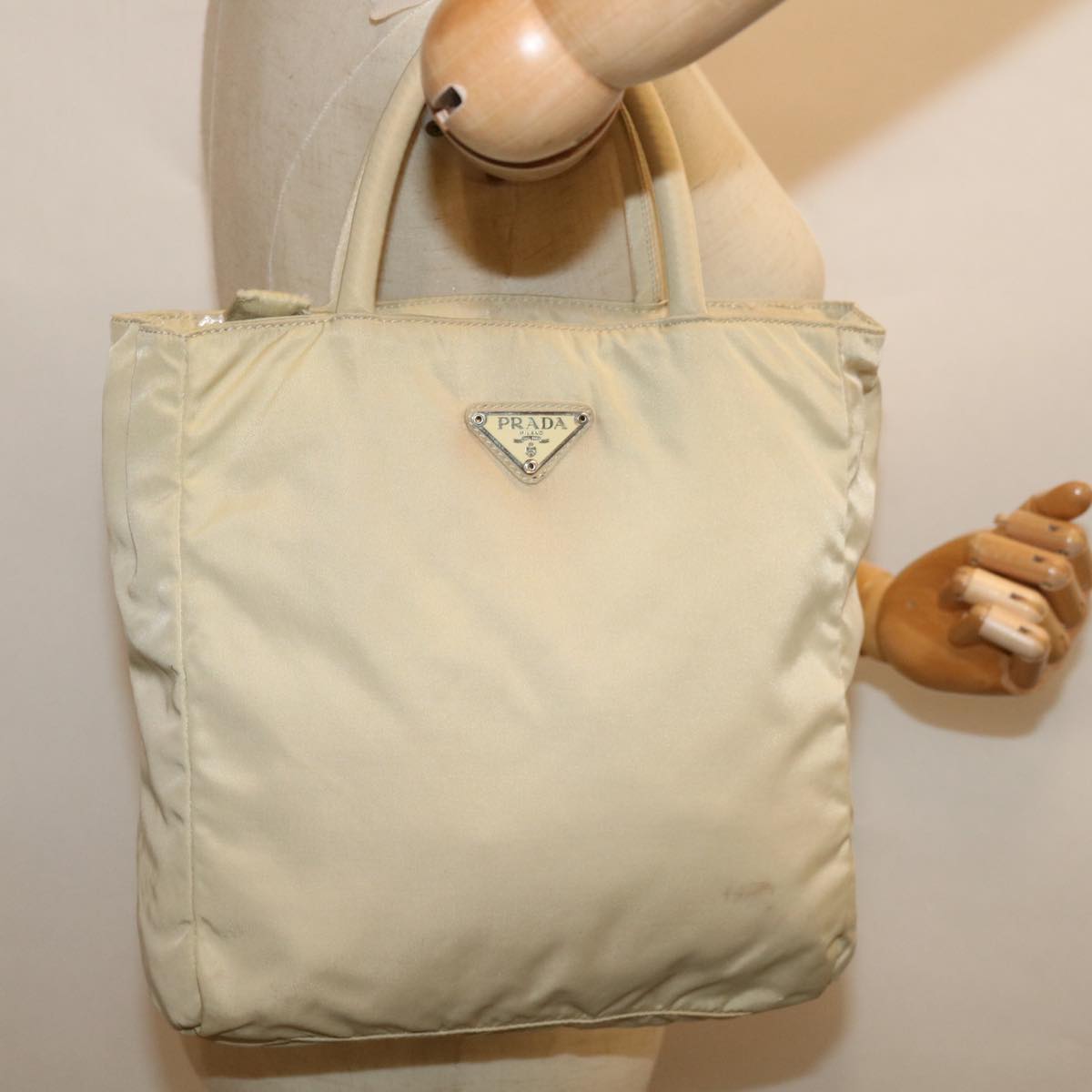 PRADA Hand Bag Nylon Cream Auth 66593