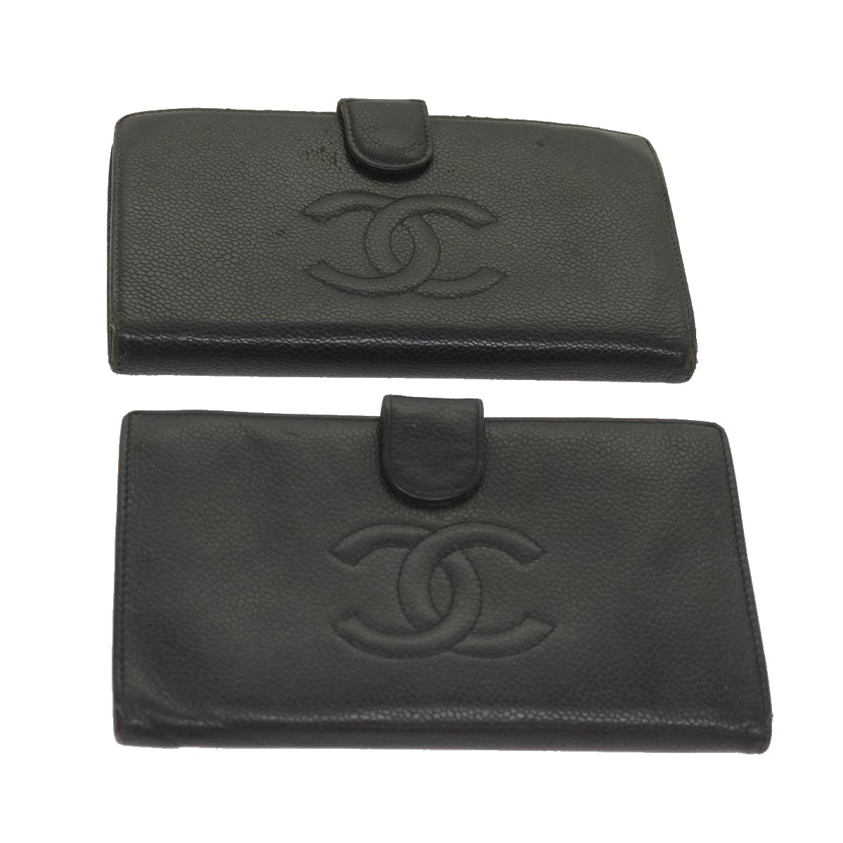 CHANEL Wallet Caviar Skin 2Set Black CC Auth 66715