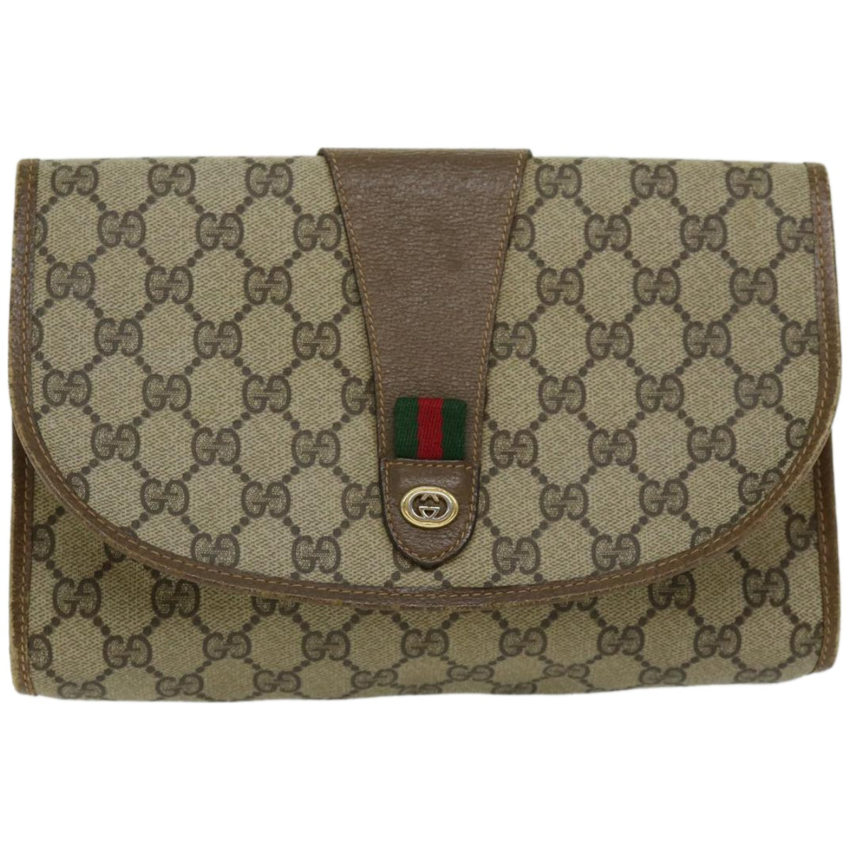 GUCCI GG Canvas Web Sherry Line Clutch Bag PVC Beige Red Green Auth 66716