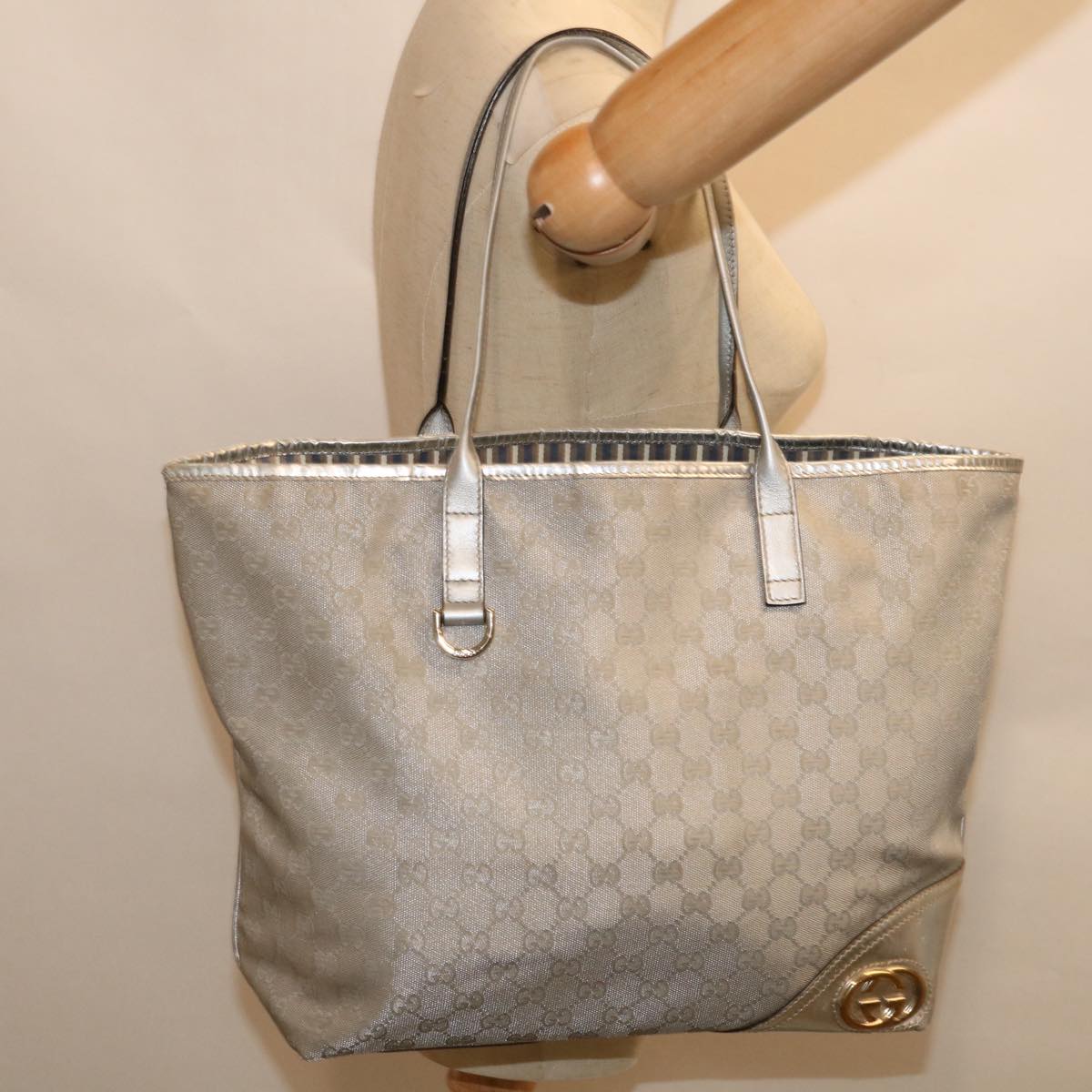 GUCCI GG Canvas Tote Bag Silver 169945 Auth 66727