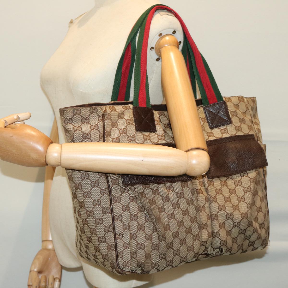 GUCCI GG Canvas Web Sherry Line Hand Bag Beige Red Green 161836 Auth 66731