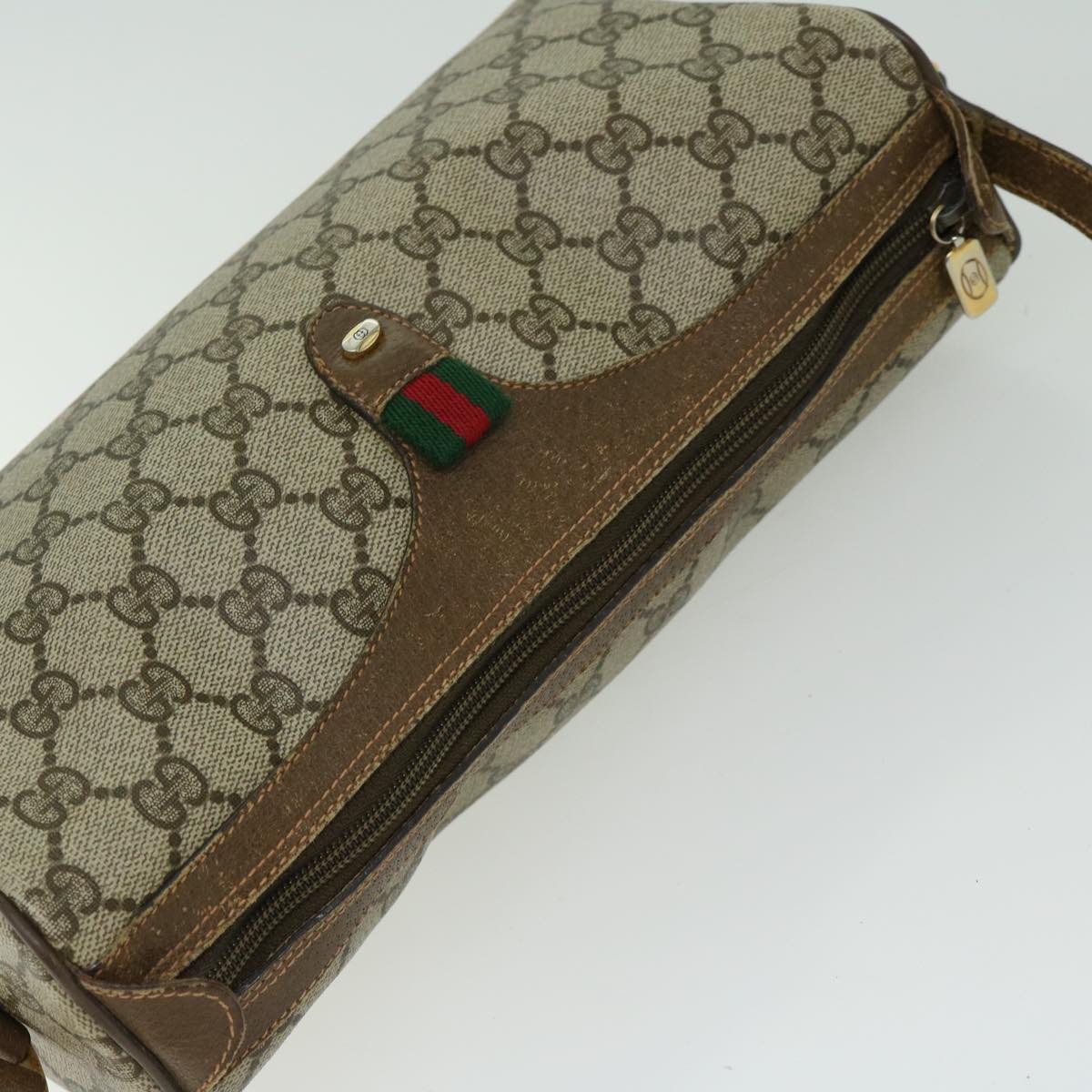 GUCCI GG Canvas Web Sherry Line Shoulder Bag PVC Beige Red Green Auth 66739