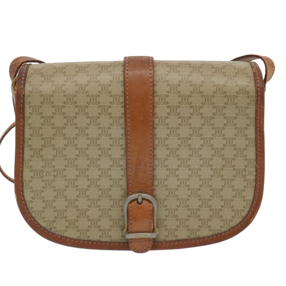 CELINE Macadam Canvas Shoulder Bag Beige Auth 66746