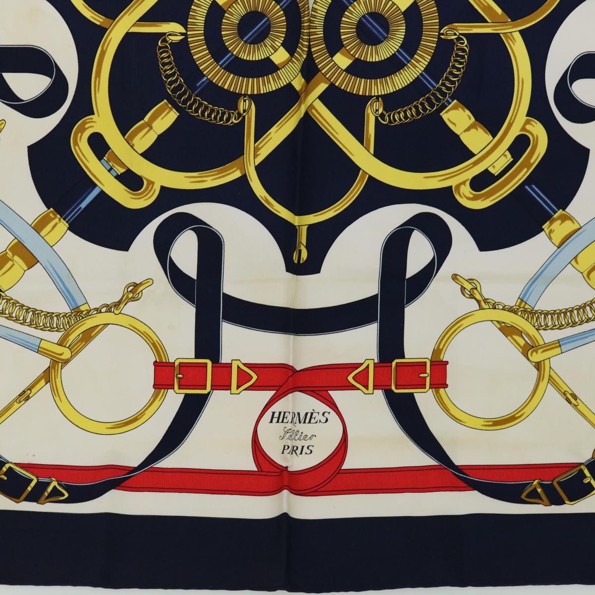 HERMES Carre 90 Eperon dor Scarf Silk Navy Auth 66823