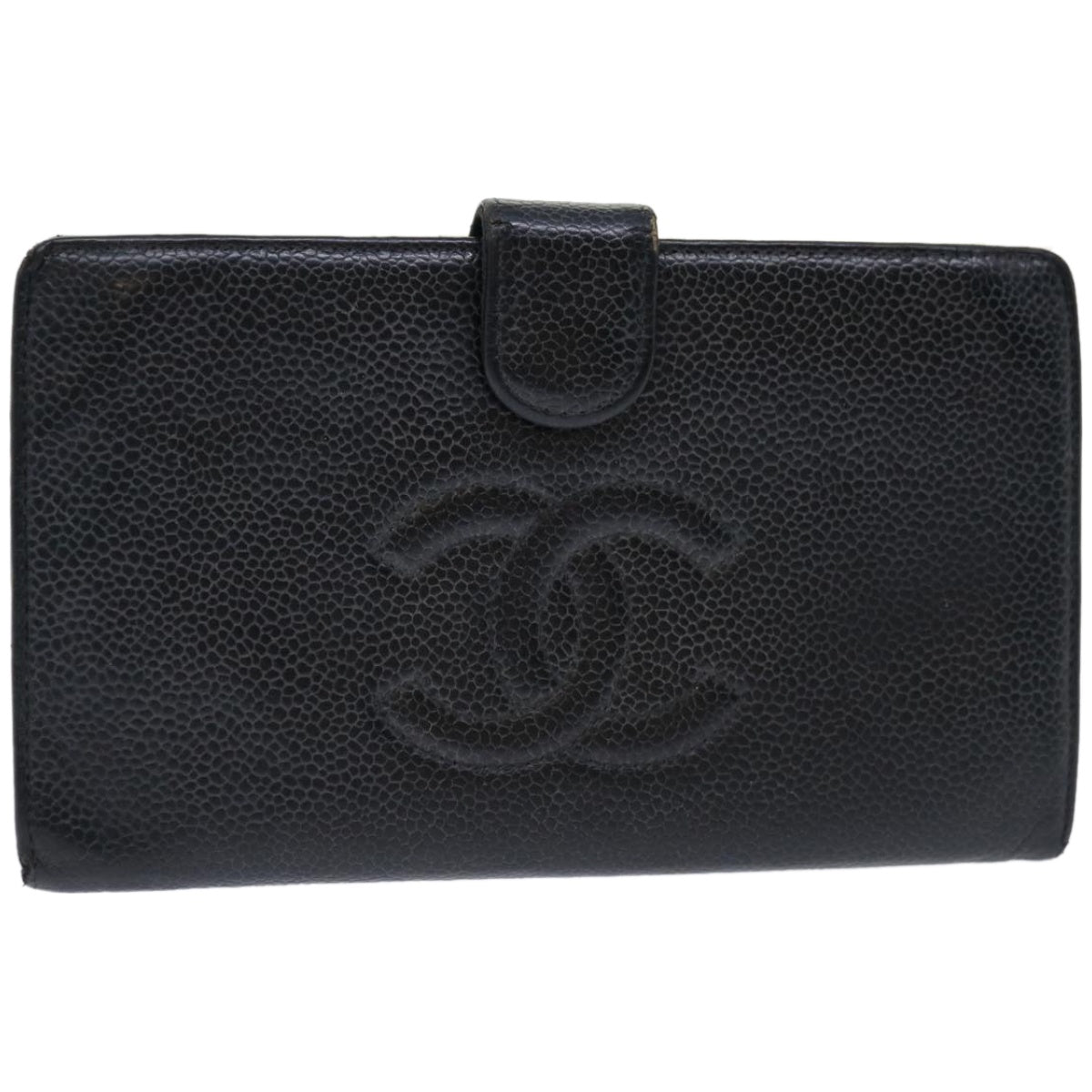 CHANEL Long Wallet Caviar Skin Black CC Auth 66860