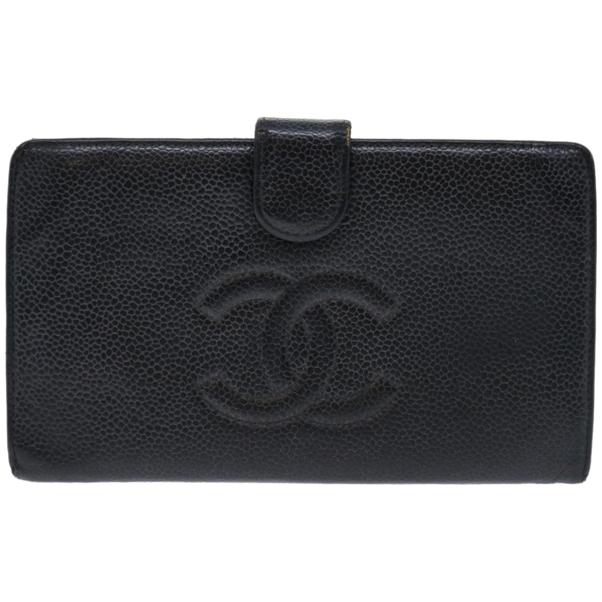 CHANEL Long Wallet Caviar Skin Black CC Auth 66860