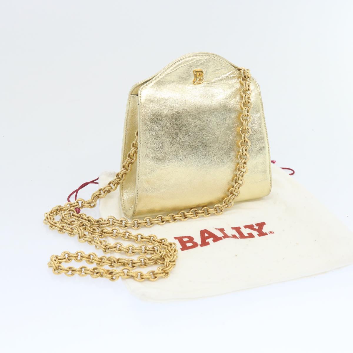 BALLY Chain Shoulder Bag Leather Gold Auth 66874