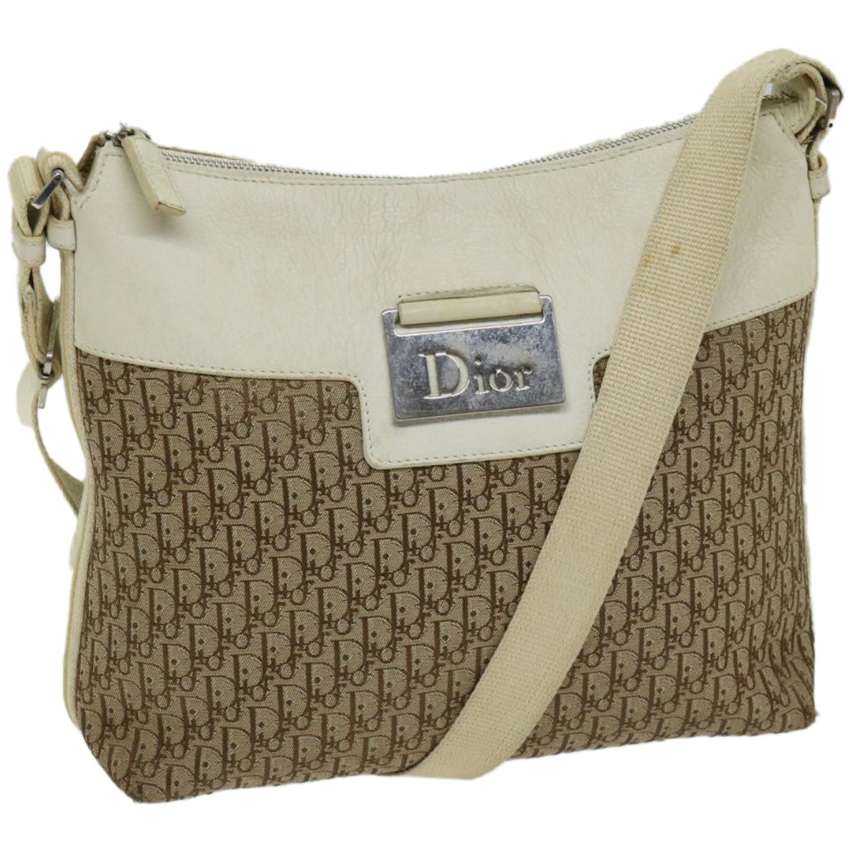 Christian Dior Trotter Canvas Shoulder Bag Beige Auth 66925