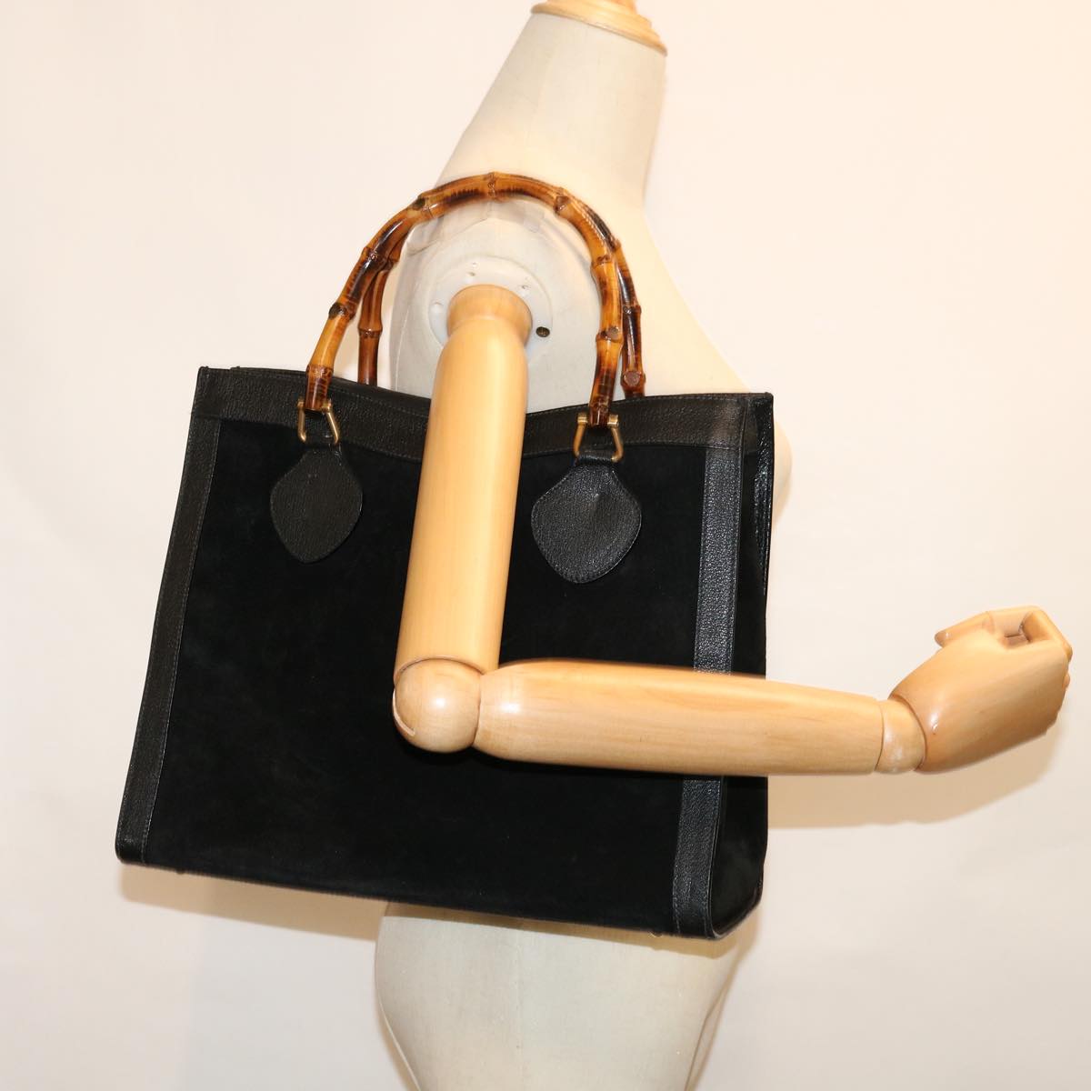 GUCCI Bamboo Tote Bag Suede Black 002 1186 0260 Auth 66947