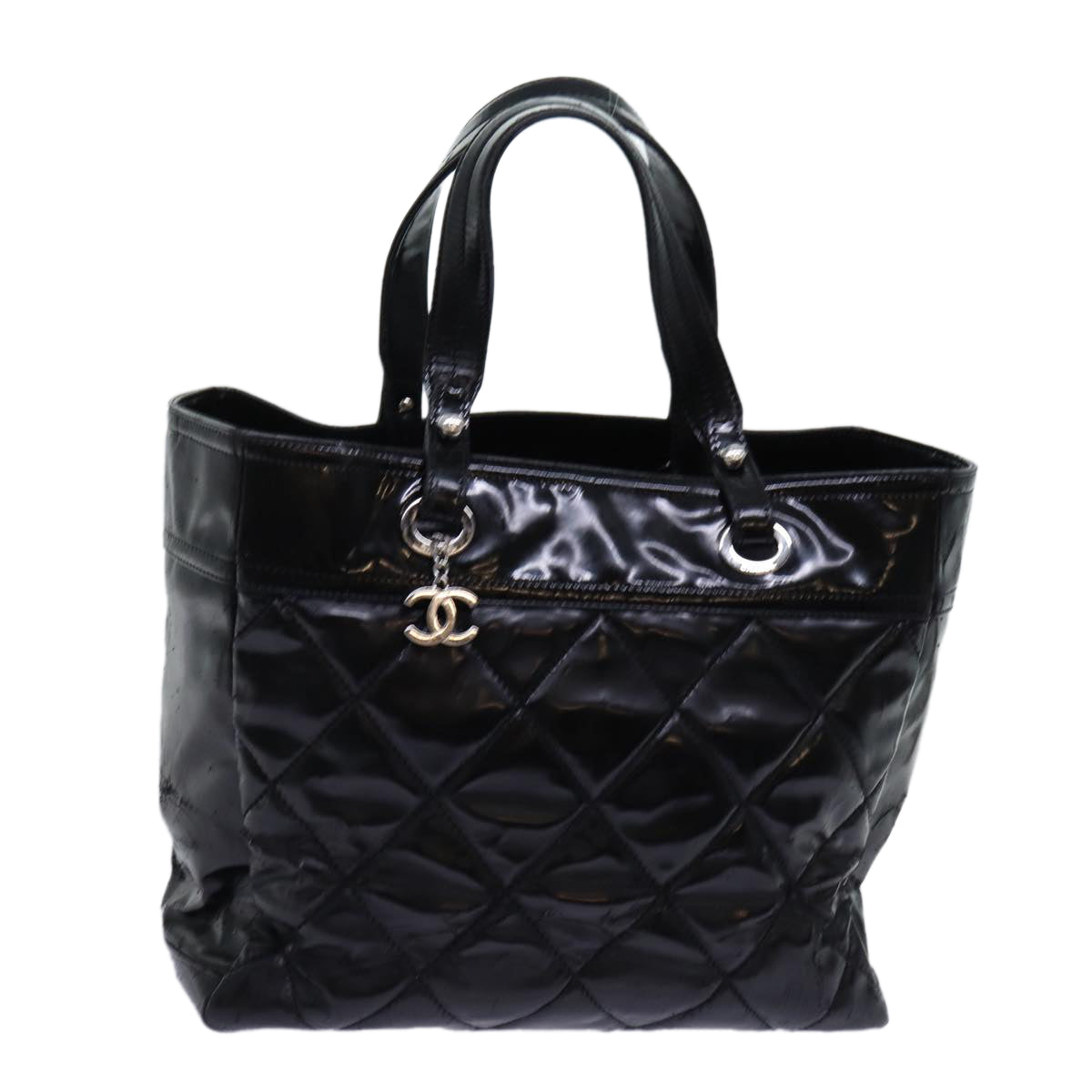 CHANEL Matelasse Tote Bag Patent leather Black CC Auth 66962