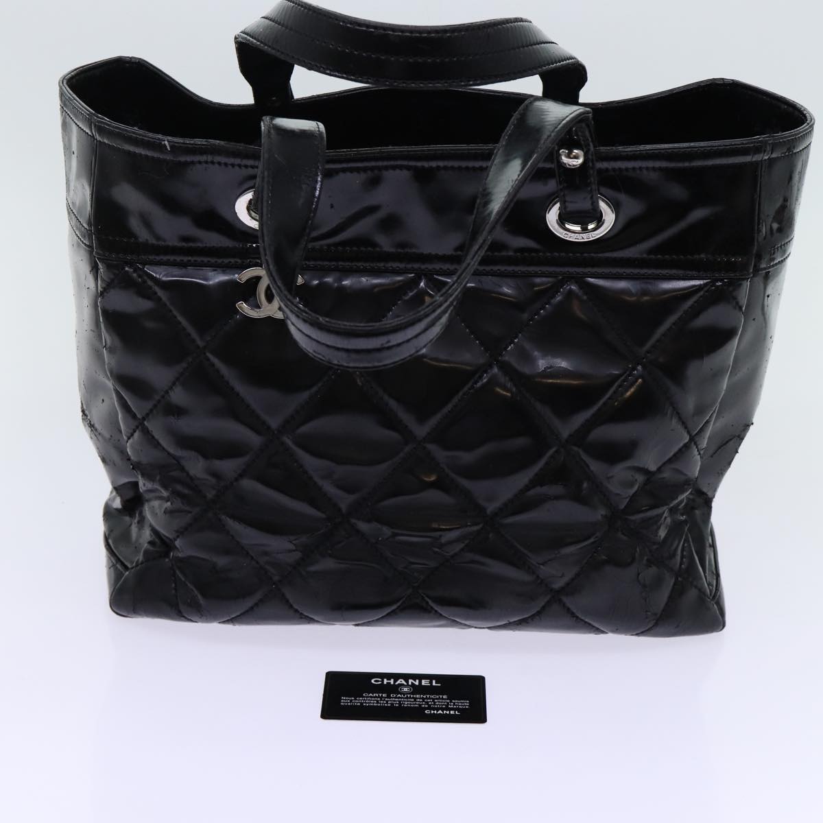 CHANEL Matelasse Tote Bag Patent leather Black CC Auth 66962