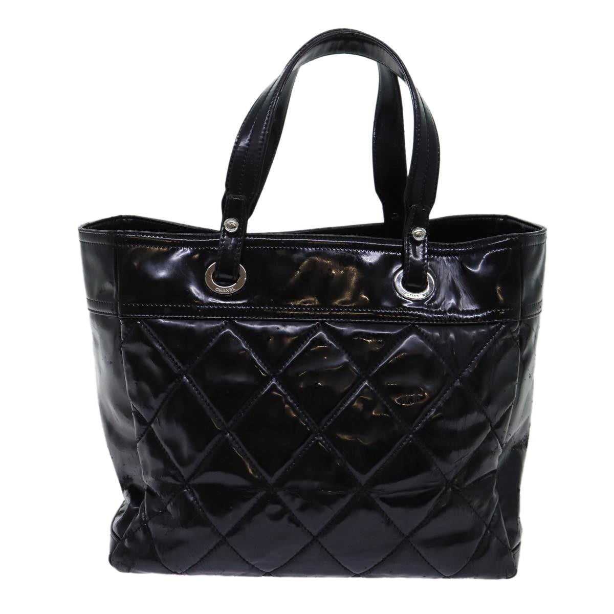 CHANEL Matelasse Tote Bag Patent leather Black CC Auth 66962