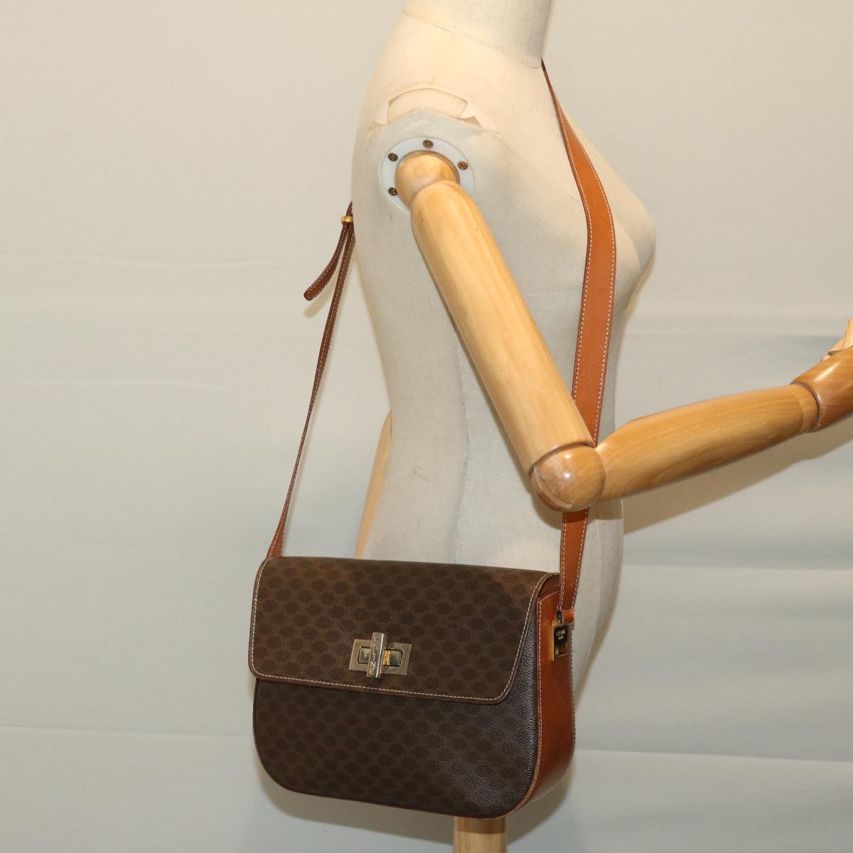 CELINE Macadam Canvas Shoulder Bag PVC Leather Brown Auth 67004